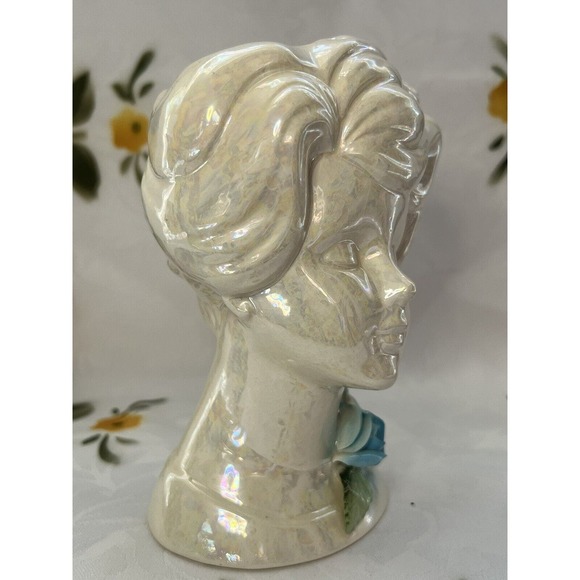 Vintage Norcrest Lustreware Lady Head Vase, BR-17, Blue Flower - Picture 7 of 11